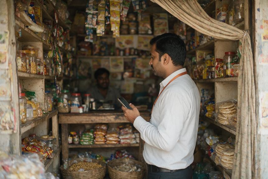 A sales representative checking shelf stock in a kirana store with the JobberOn app in hand