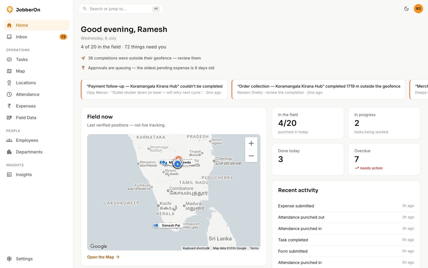 JobberOn console — live field board with spend and geofence insights