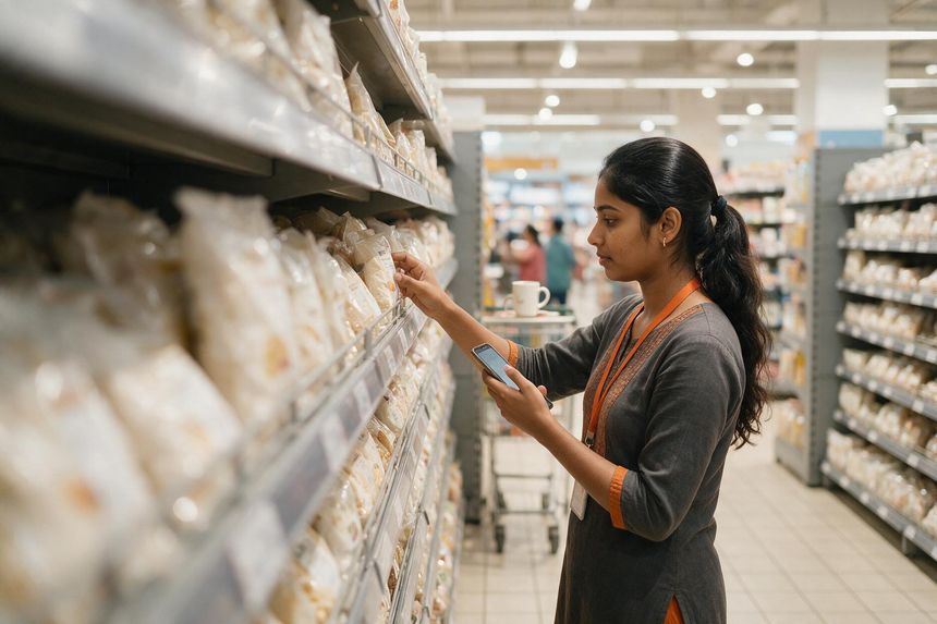 A merchandiser completing a shelf audit in a supermarket aisle